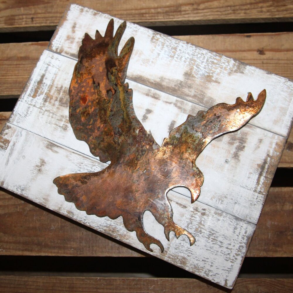 Rustic Distressed Wood & Steel Farmhouse Copper Eagle Table Top or Wall Decor